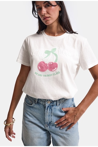 it's basic Kadın Beyaz Kiraz Nakışlı Bol Kesim Tasarım T-shirt