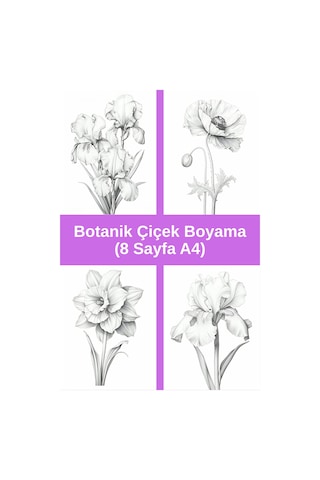 Botanik Çiçek Boyama Sayfaları 3, 8 Adet A4 Boyut .