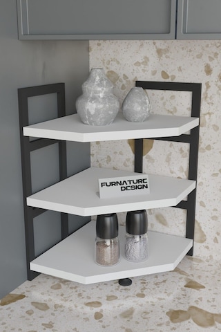 Akın Köşe Baharatlık 3 Raflı Mutfak Tezgah Üstü Köşe Raf - Beyaz Beyaz