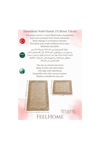 Pamukkent Süper Emici 2'li%100 Pamuk Ultra Lüks Banyo Paspası Seti 60x100 Cm Ve 50x60 Cm Çok Renkli