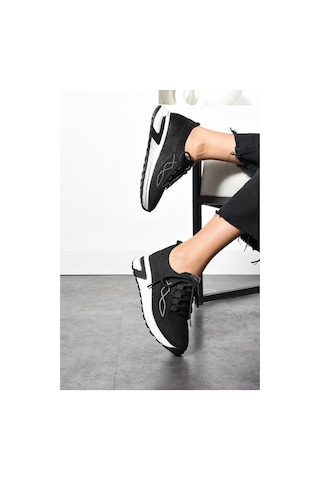 Shoetek Luminita Kadın Sneakers Bağcıklı Triko Dokumalı Yandan Taşlı Spor Ayakkabı Siyah Siyah