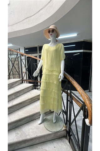 İtalyan 2 Beden Ince Gösteren Yarım Kol Kat Kat Ipek Elbise-8794 Sarı