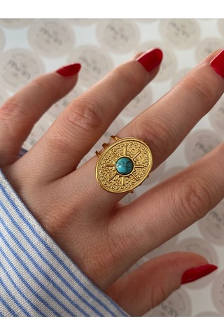 Pinery Jewels Firuze Taşlı Paslanmaz Çelik Kararmaz Ayarlanabilir Gold Yüzük Altın