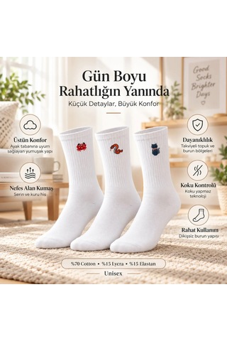 COJans Unisex Çorap Beyaz Hayvan Nakışlı 6'lı Set Yengeç Yılan Kedi Desenli Uzun Soket Günlük Spor Çorabı Çok Renkli