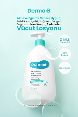 Akneye Eğilimli Ciltlere Leke Karşıtı Aydınlatıcı Vücut Losyonu Derma:b Ac Control Body Lotion