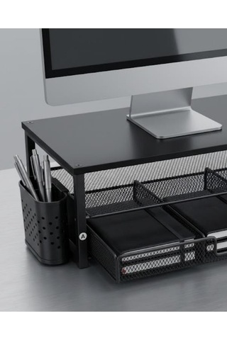 Temel Siyah Ahşap Üst Tablalı Metal Mesh Monitör Yükseltici Stand Çekmeceli Kalemlikli Masaüstü Organizer 9214
