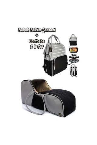 U.S.F Fonksiyonel Bebek Bakım Sırt Çantası + Portbebe Ana Kucağı Puset Çizgili Gri - Siyah
