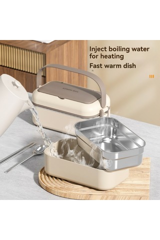 Xindoker 304 Paslanmaz Çelik Çift Katlı Isı Tutucu Yemek Kutusu, Su Enjeksiyonu İle Isınabilir, Sıvı Geçirmez, Çatal Kaşık Dahil, Kahverengi