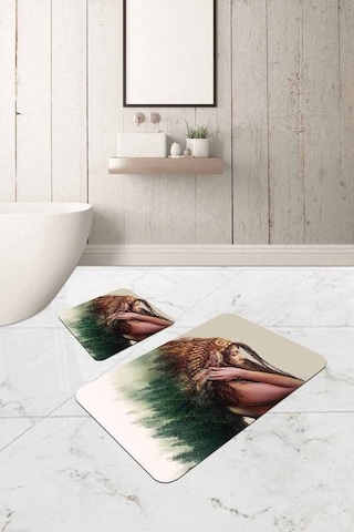 Yeşil Etnik Desenli Banyo Halısı Klozet Paspas Seti Bs317n11