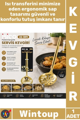 Kevgir Lüks Paslanmaz Çelik Dayanıklı Ergonomik Tasarım Şık Parlak Gold Metal Servis Kevgiri 27 Cm