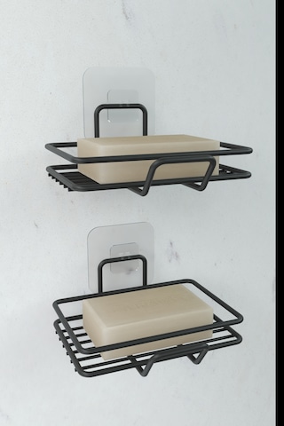 Yapışkanlı 2 Li Set Sabunluk Banyo Mutfak Lavabo Metal Katı Sabunluk Siyah Siyah