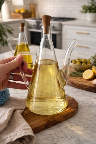 Morponi Akasya Stantlı Borosilikat Cam Akasya Kapak Glazzy Yağlık Seti 500 Ml + 500 Ml Düz Şeffaf