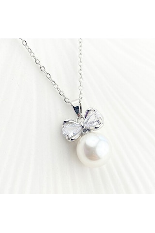 Kadın Kolye Fiyonk İncili Kolye Zirkon Taşlı Silver 45cm Gümüş