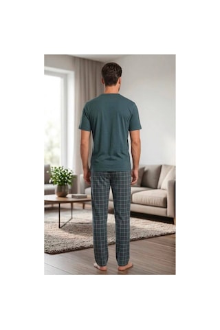 Pijamask Erkek Antrasit Ekose Desenli Cepli Düğmeli Kısa Kollu Pijama Takımı Antrasit