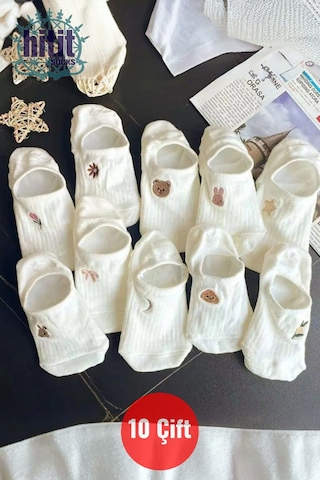 Kadın 10 Çift Premium Çiçek Ve Hayvan Desenli Görünmez Babet Çorap Şeker Beyazı ASORTİ