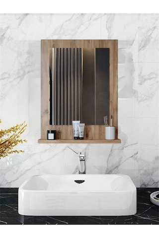 Safir Stil 60x45 Atlantik Çam Raflı Banyo Aynası Kahverengi