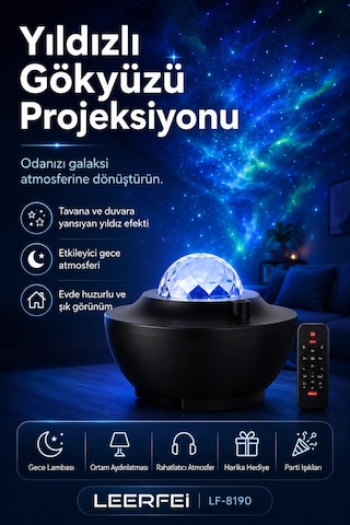 Uzaktan Kumandalı Yıldızlı Gökyüzü Projektörü Gece Lambası Ambiyans Işıklı Çok Renkli