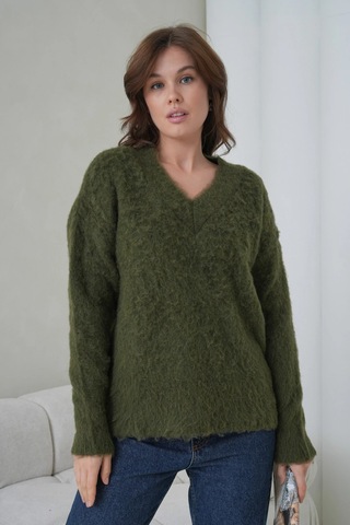 Kadın V Yaka Sakal Dokulu Şardonlu Oversize Triko Kazak 8695 Haki