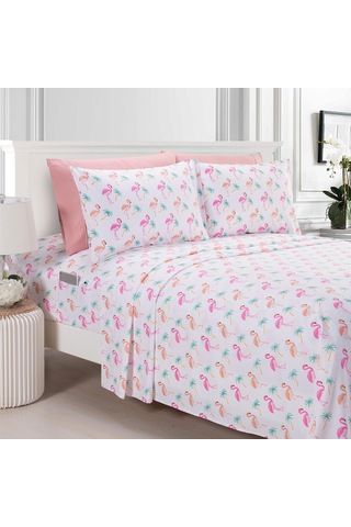Lexroo Ultra Yumuşak Çift Fırçalı 6 Parça Mikrofiber Çarşaf Seti Güzel Tropikal - Flamingo, Queen Çok Renkli