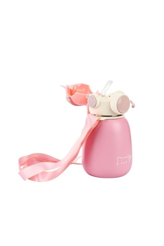 Sevimli Tasarım Gamer Termos Matara 500 Ml 16.9 Oz Ve Omuz Askılı Pembe