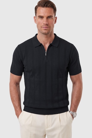 Deepsea Erkek Fermuarlı Polo Yaka Çizgi Dokulu Siyah Triko Tişört Regular Fit Yumuşak Dokulu 2608007