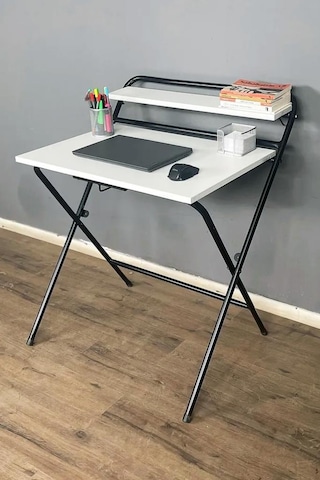 Lich Metal Ayaklı Katlanır Çalışma Masası Beyaz Raflı Laptop Sehpası Çizim Ve Ders Masası Beyaz - Siyah