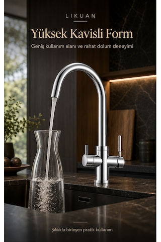 Nkdp3212cp Premium Krom 3 Akışlı Mutfak Musluğu Filtreli İçme Suyu Gümüş