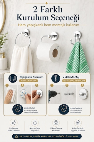 Alper Banyo Krom 3'Lü Banyo Seti, Yuvarlak Havluluk, Kağıtlık Ve Bornoz Askısı