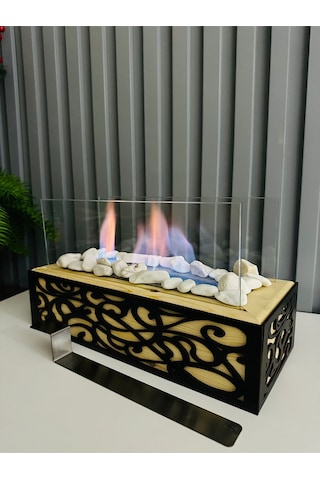 Esha Home Ahşap Masa Üstü Siyah Ahşap İşlemeli Bioethanol Şömine Sertifikalı Yakıt Ve Dekoratif Taş
