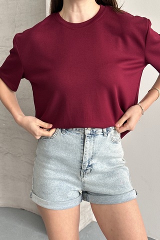 Balenbi Kadın Modal Bisiklet Yaka Basic Yarım Kollu T-shirt 1211 Bordo