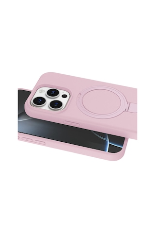 Apple Uyumlu iPhone14 Pro Max Pembe Standlı Magsafeli Silikon Kılıf Açık Pembe