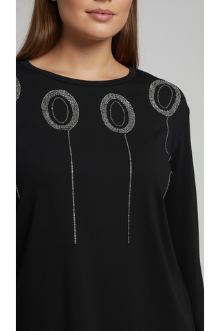 Taş Desenli Uzun Kollu Bambu Viskon Kumaş Bluz Siyah