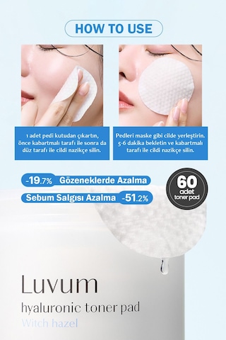 Luvum Hyalüronik Asit ve Cadı Fındığı İçeren Nemlendirici Tonikli Ped Luvum Toner Pad 60 adet