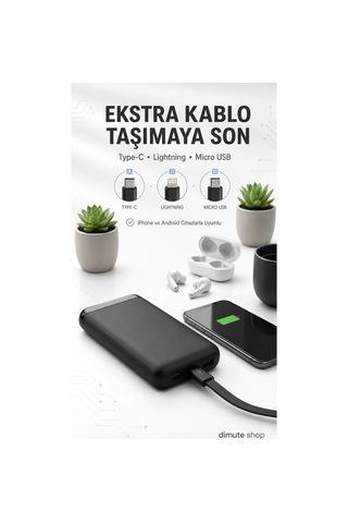 20.000 Mah  & Led Işıklı Siyah Powerbank Kesintisiz Güç Siyah - 747408433 Siyah