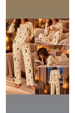 Lila İç Giyim Kadın Ay Yıldız Desenli Uzun Kollu Pijama Takımı Krem Renk Rahat Ev Giyim Seti