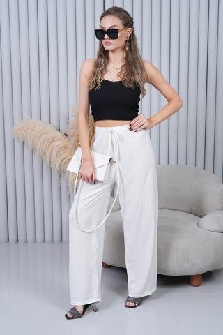 Polologin Butik Beli Bağcıklı Yüksek Bel Bol Paça Beyaz Pantolon Beyaz