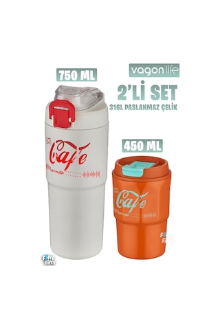 Vagonlife 2'li Çelik Termos-kahve Bardağı Seti 750ml Çift Kullanım Termos//450ml Mug Kahve Bardağı Beyaz - Turuncu