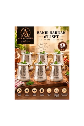 6 Adet: Kulplu Bakır Ayran Bardağı 400 Ml Dövme Desen İçi Kalaylı Gümüş Renk Su Meşrubat Bardağı Kupa - Bakır Bileklik Hediyedir Trs-0159