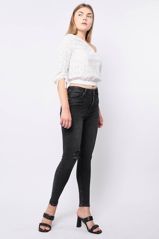 Kadın Antrasit Dizi Yırtık Süper Skinny Fit Jean Pantolon 001