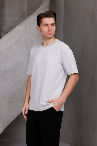 Erkek Şeritli Oversize Bisiklet Yaka 2 İki İplik Kompakt T-shirt Ekru