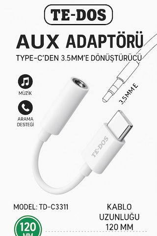 Td-c3311 Type-c Den 3.5mm E Aux Ses Adaptörü Yüksek Ses Kalitesi Müzik Arama Desteği Dayanıklı Kablo -