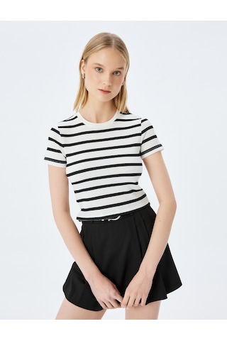 Koton Basic Çizgili Bisiklet Yaka Kısa Kollu Kaşkorse Slim Fit Tişört Ekru Çizgili 5sal10047ık Ekru