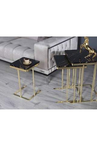Zigon Sehpa & Yan Sehpa 3'lü Kare Sehpa Hıgh Gloos Mdf Siyah Gold İşleme