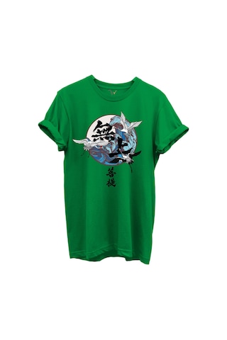 Japon Sanatı Stilinde Turna Kuşları Ve Dalga Desenli %100 Pamuk Regular Fit Unisex T-shirt Yeşil