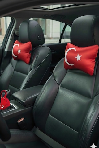 Türk Bayraklı Dijital Baskılı Araç Yastığı 2’li & Ayyıldızlı Polar Vites Kılıfı – Oto Aksesuar Seti