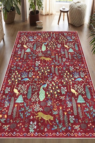 Dijital Baskılı Modern Desenli Renkli Kaymaz Taban Yıkanabilir Halı Bordo