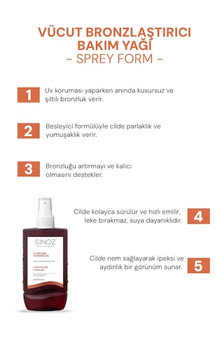 Sinoz Kusursuz Bronzlaştırıcı Hindistan Cevizi Kakao Havuç Yağı İçeren Güneş Yağı Spreyi 200 ML