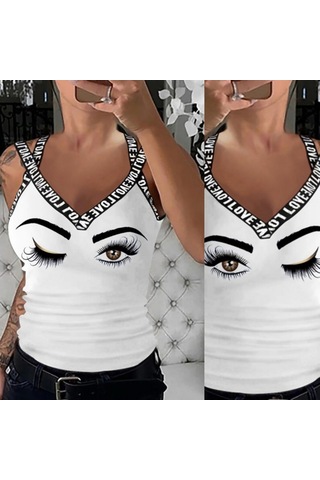 Ahes Shopping Kadın Çapraz Şeritli Göz Baskılı Viskon Bluz Beyaz