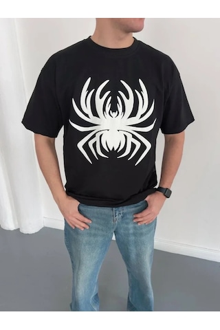 Defymoda Erkek Örümcek Baskılı Tişört Kısa Kollu Bisiklet Yaka T-shirt - Siyah