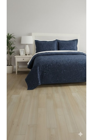 Rüya Çift Kişilik Pike Yatak Örtüsü Sarmaşık İndigo Lacivert